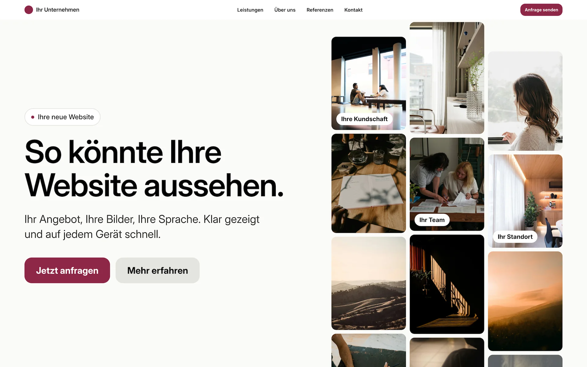 Muster: eine Website für Ihr Unternehmen am Laptop, links „So könnte Ihre Website aussehen.“, rechts Fotos in Kacheln