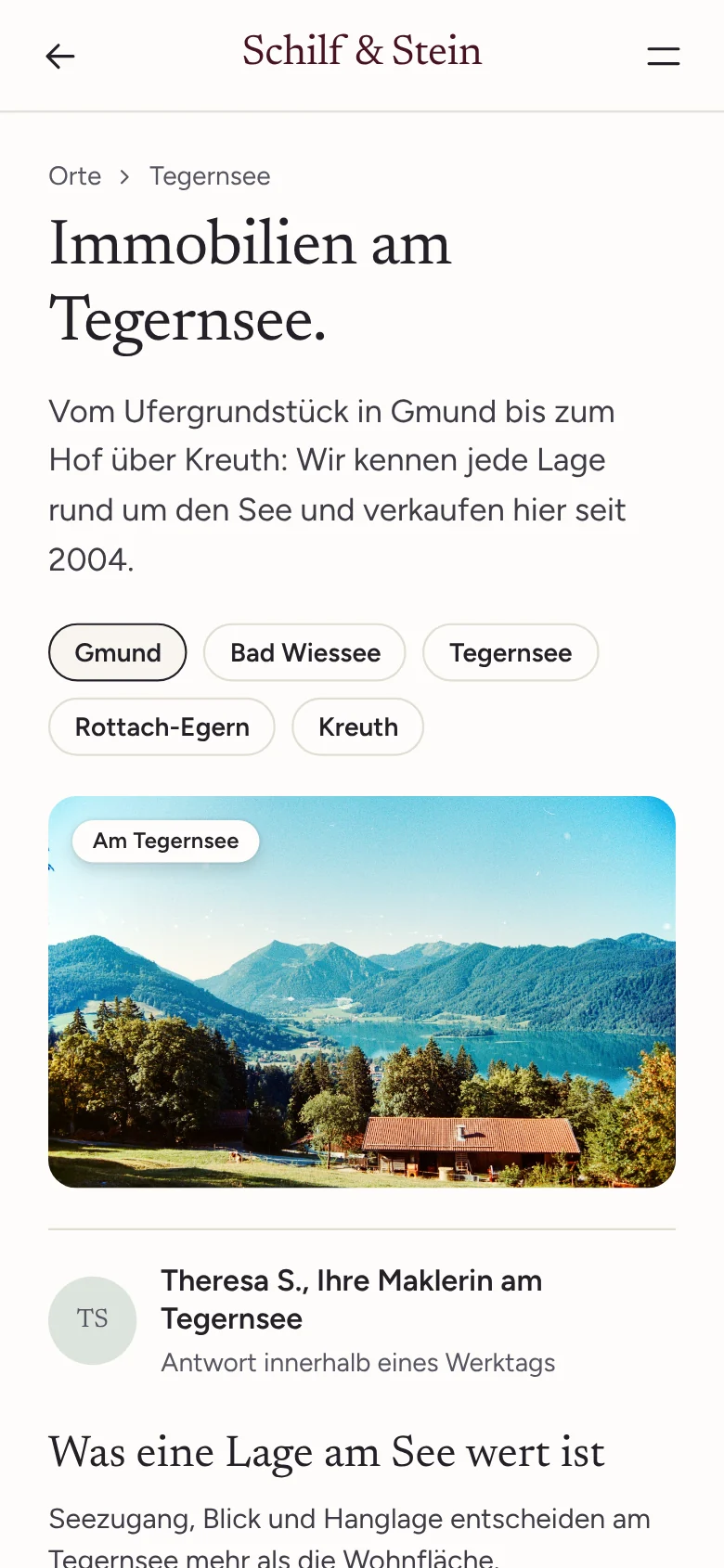 Muster: Ortsseite „Immobilien am Tegernsee.“ des erfundenen Maklerbüros Schilf & Stein am Handy