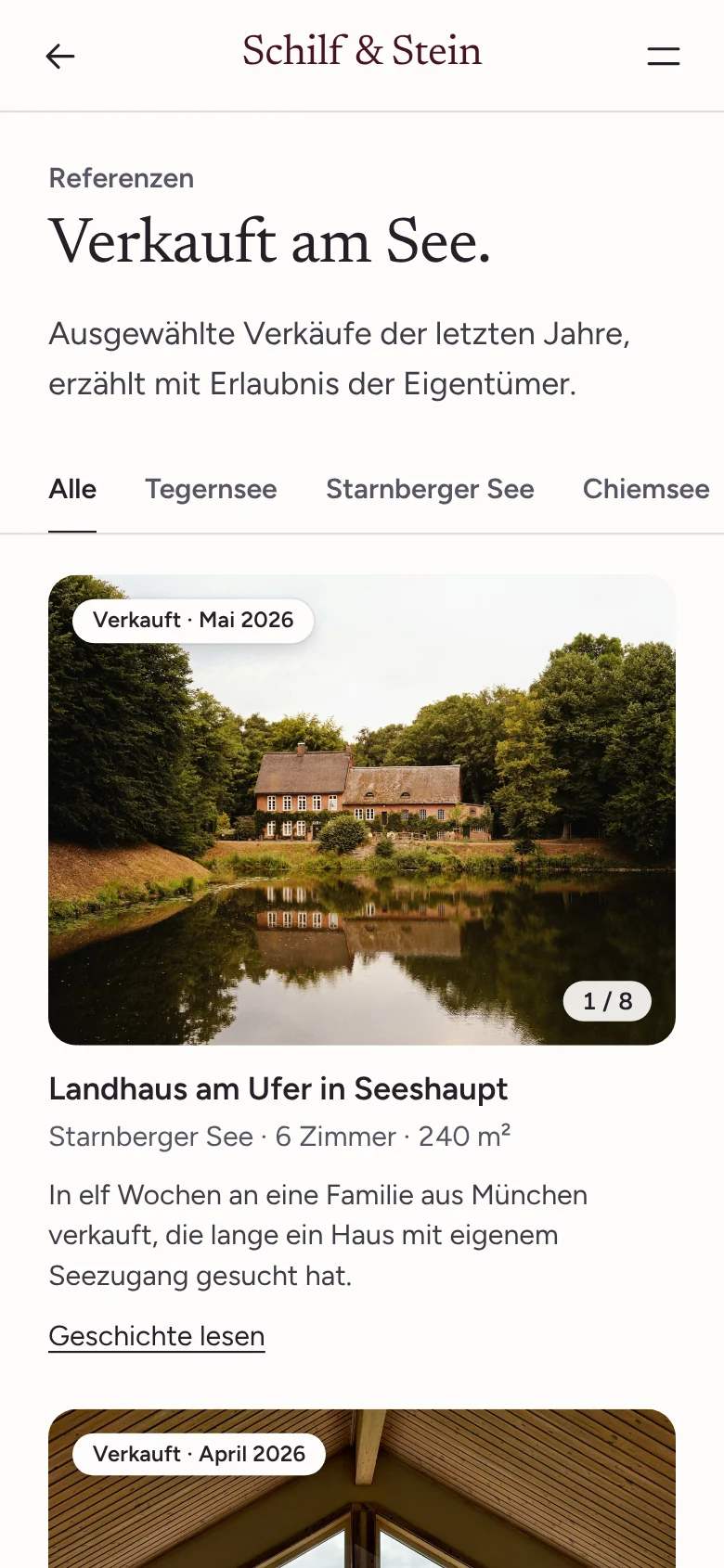 Muster: Referenzseite „Verkauft am See.“ des erfundenen Maklerbüros Schilf & Stein am Handy